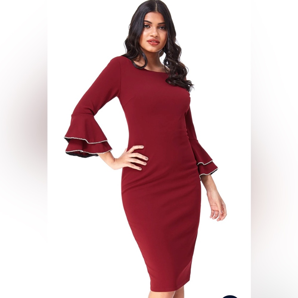 DOUBLE FRILL SLEEVE MIDI DRESS WITH DIAMANTE TRIM